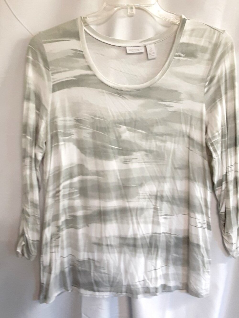 Weekends Size 2 Blouse Ruched, 3/4 Sleeves Rayon Blend Round Neck Grey/White